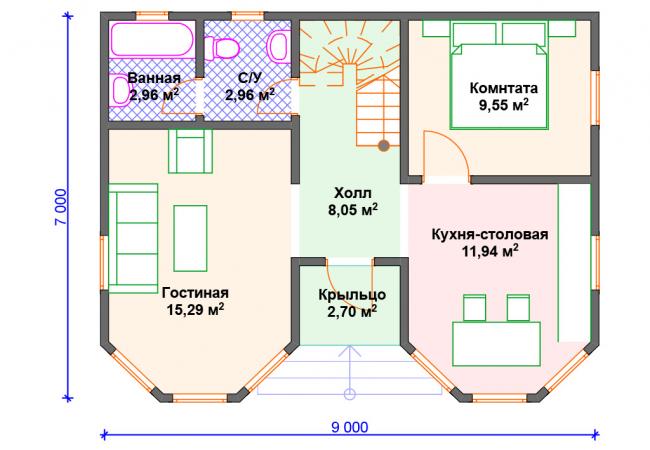Каркасный дом 9х7. Проект К-15