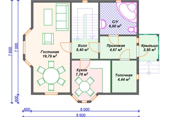 Каркасный дом 7.6х8.6 Проект К-20