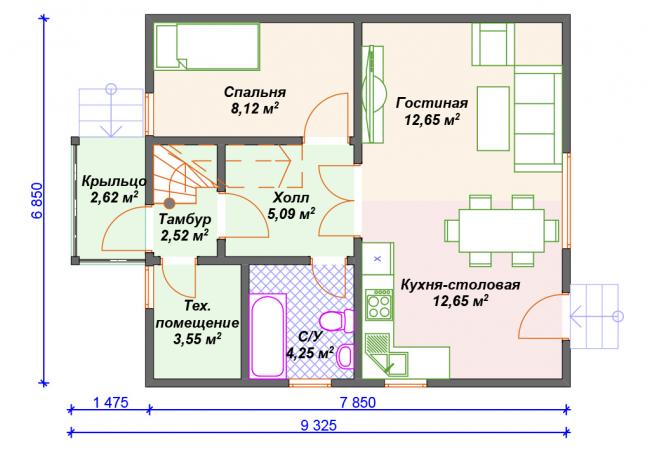 Каркасный дом 7х9.4 Проект К-33