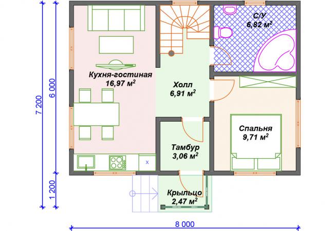 Каркасный дом 8х7.2. Проект К-6